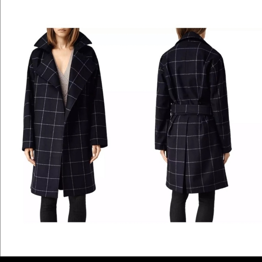 AllSaints Navy Windowpane Wool-Blend Belted Coat